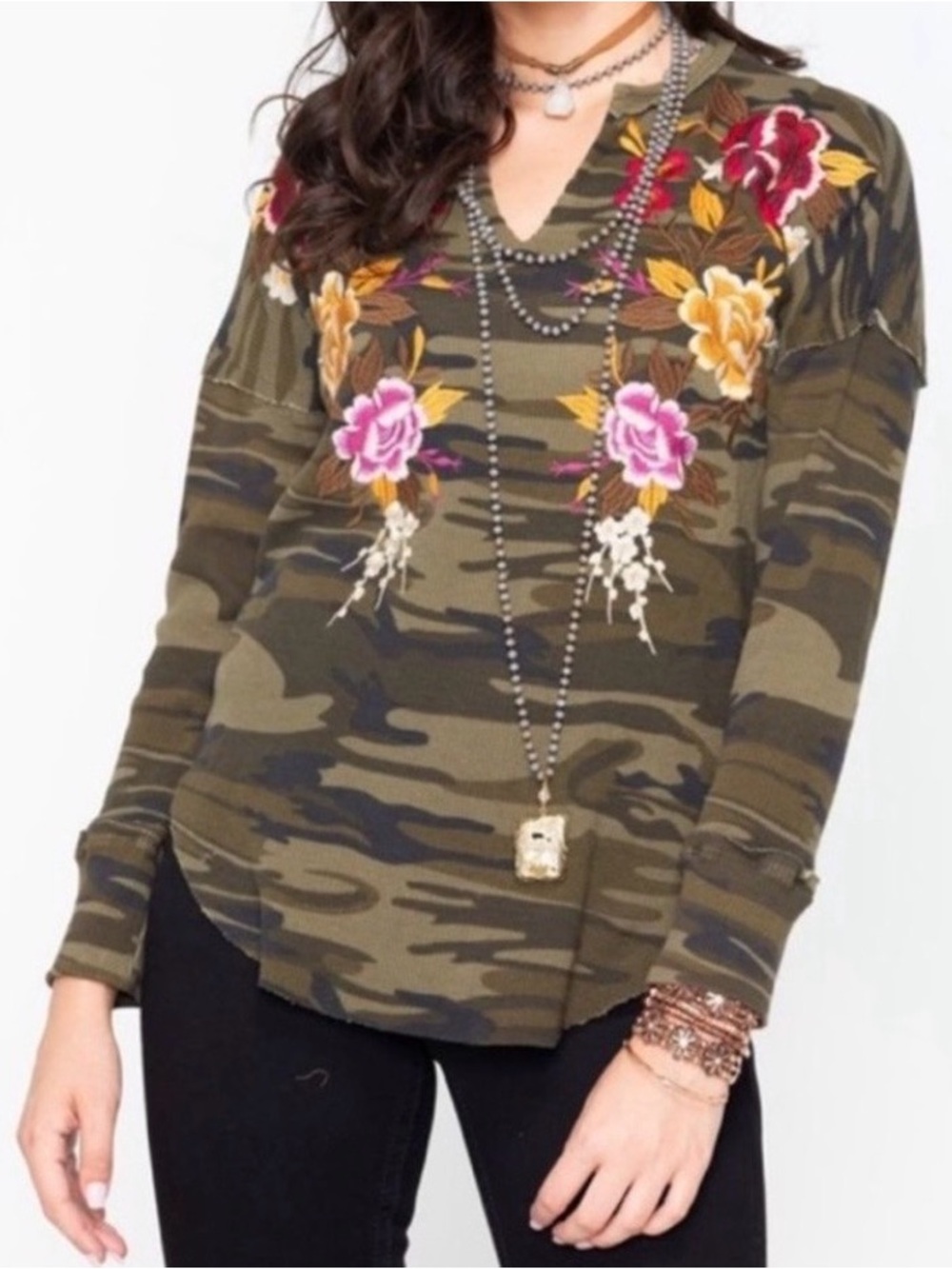 Johnny Was Zosia Embroidered Camo Thermal Top Large
